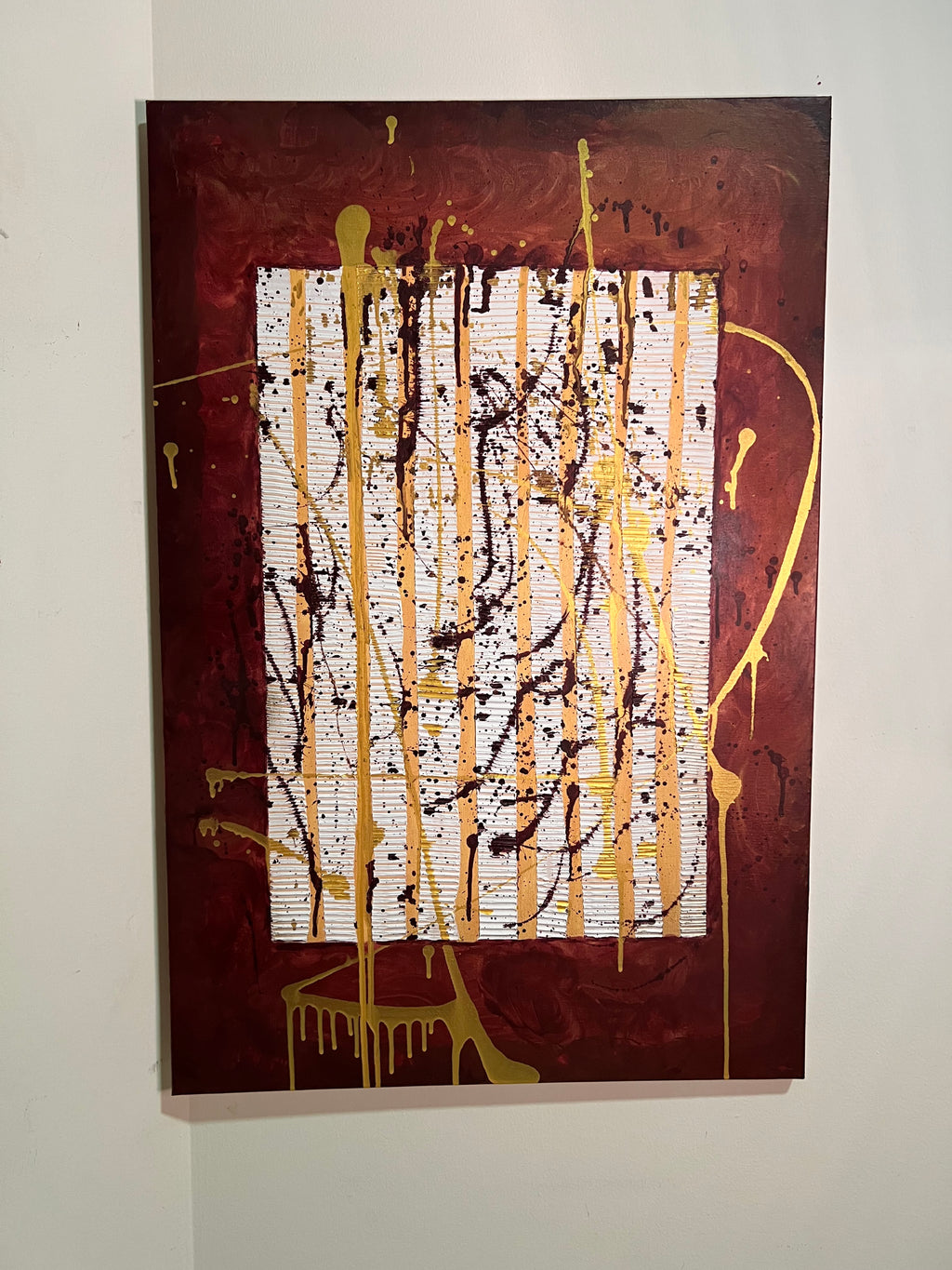 Golden Pulse on Maroon Silence – Original Hand-Painted Artwork (60×90 cm)