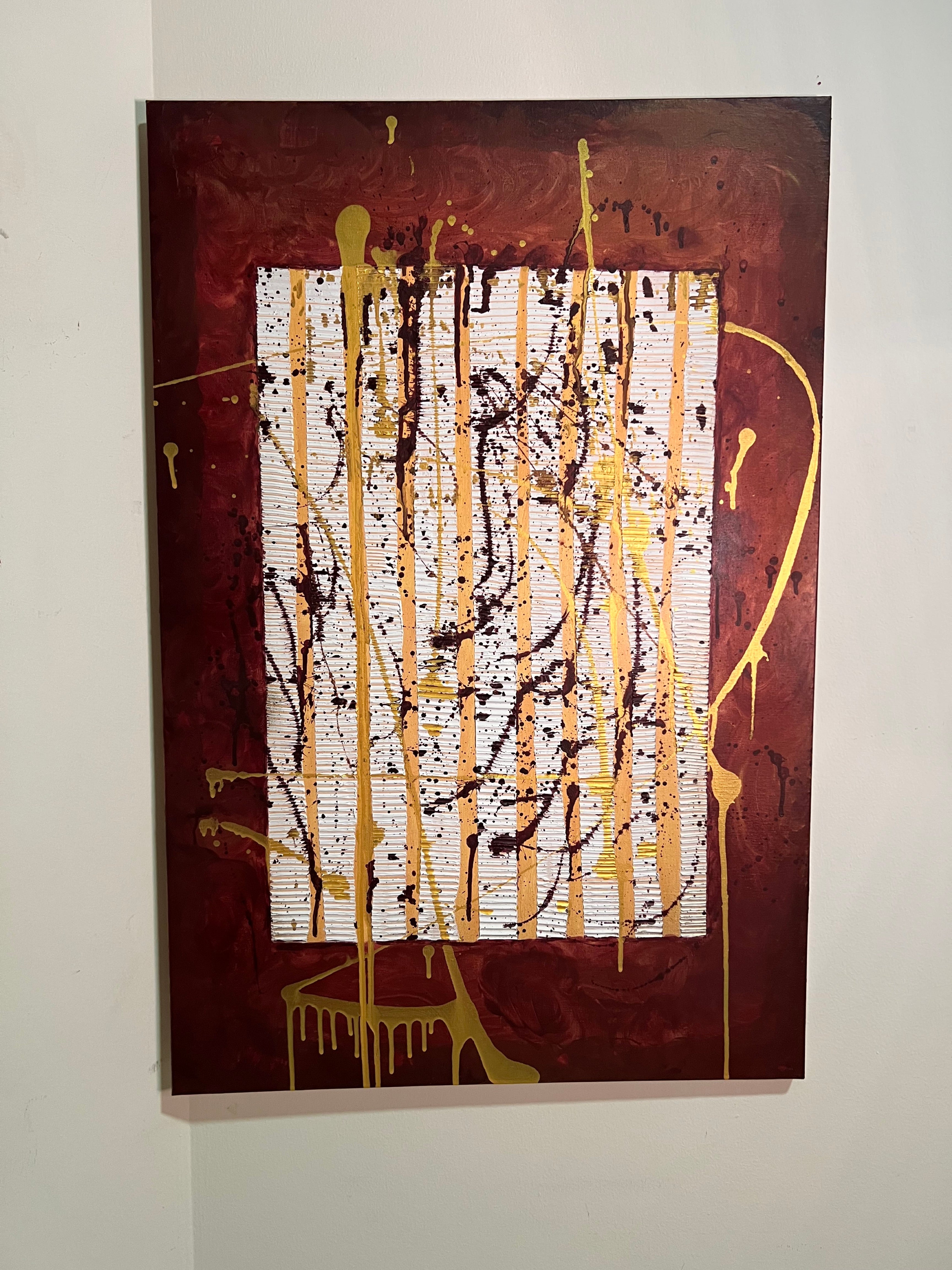 Golden Pulse on Maroon Silence – Original Hand-Painted Artwork (60×90 cm)