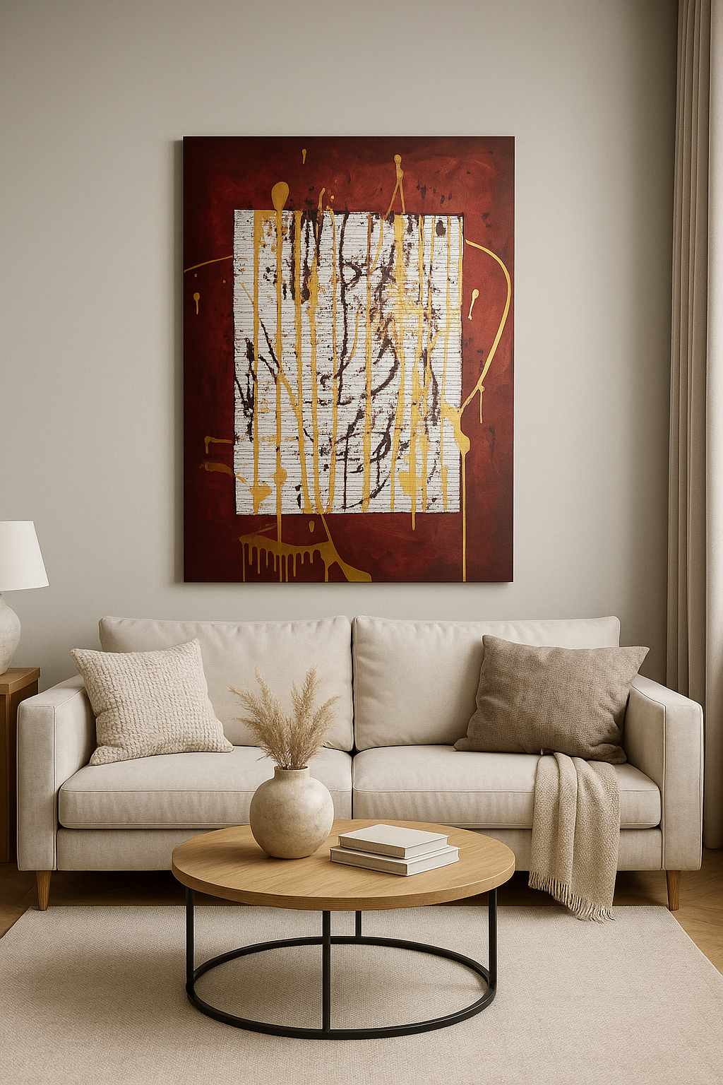 Golden Pulse on Maroon Silence – Original Hand-Painted Artwork (60×90 cm)